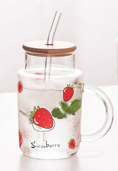 Glass Mug w/ painted fruit (bamboo lid & straw) 16oz