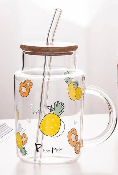 Glass Mug w/ painted fruit (bamboo lid & straw) 16oz