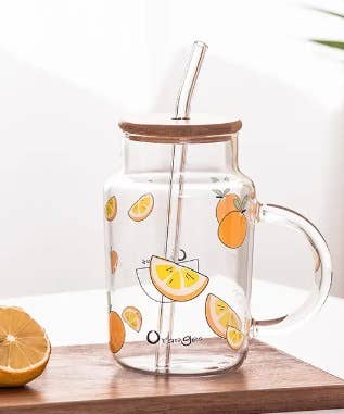 Glass Mug w/ painted fruit (bamboo lid & straw) 16oz