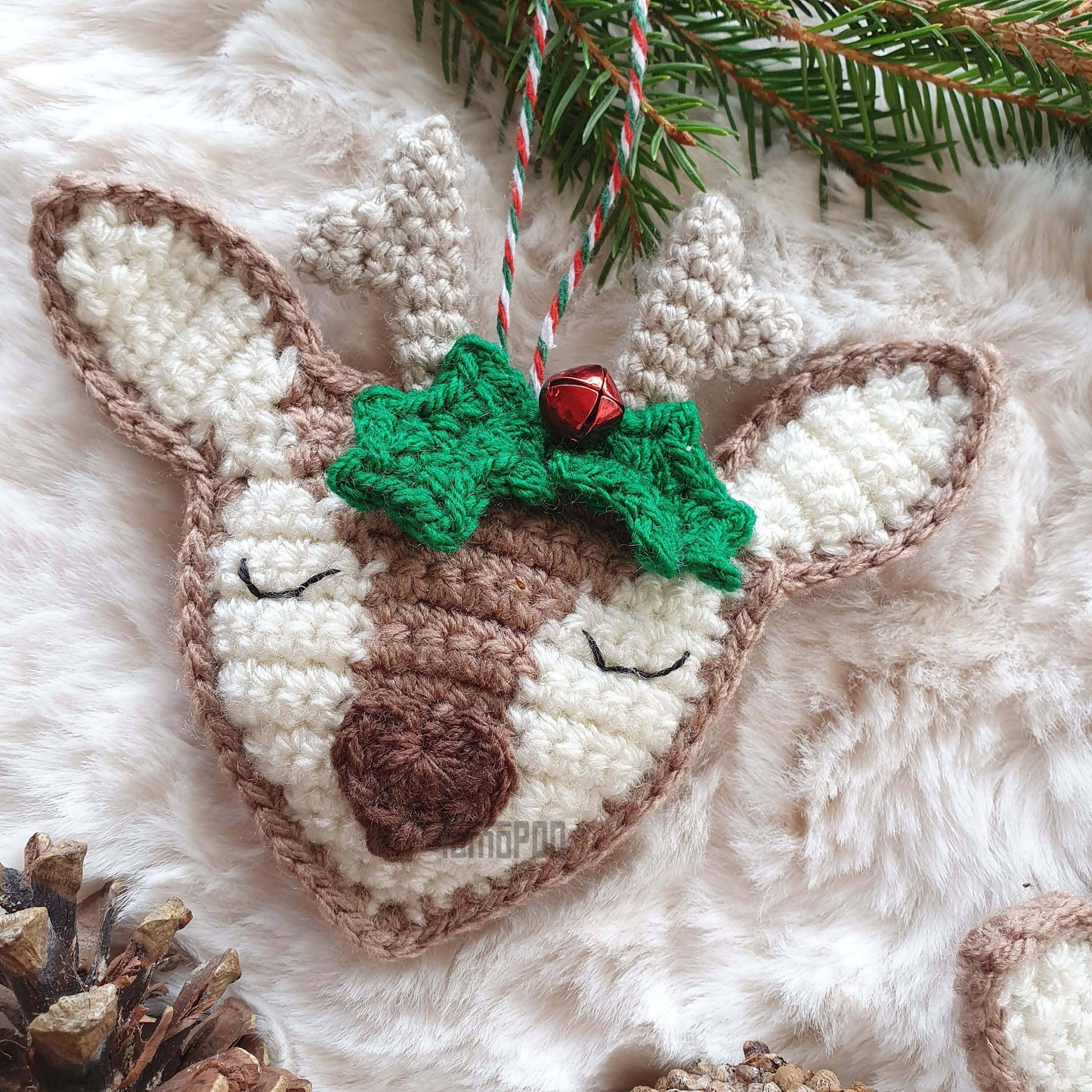 Crochet Sweet Snoozing Reindeer Ornament, Christmas Decor