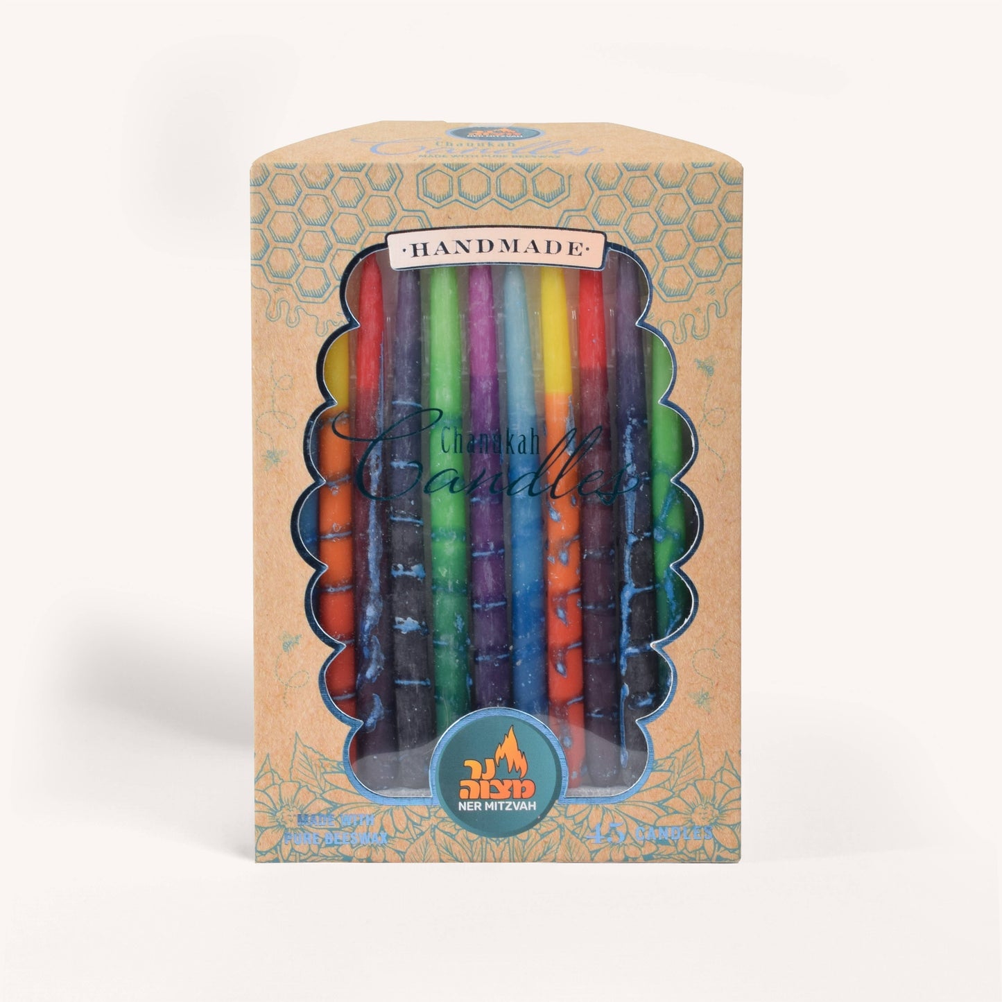 Beeswax Chanukah Candles - Decorated Multi Color - 45 Pack