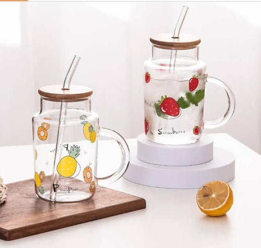 Glass Mug w/ painted fruit (bamboo lid & straw) 16oz