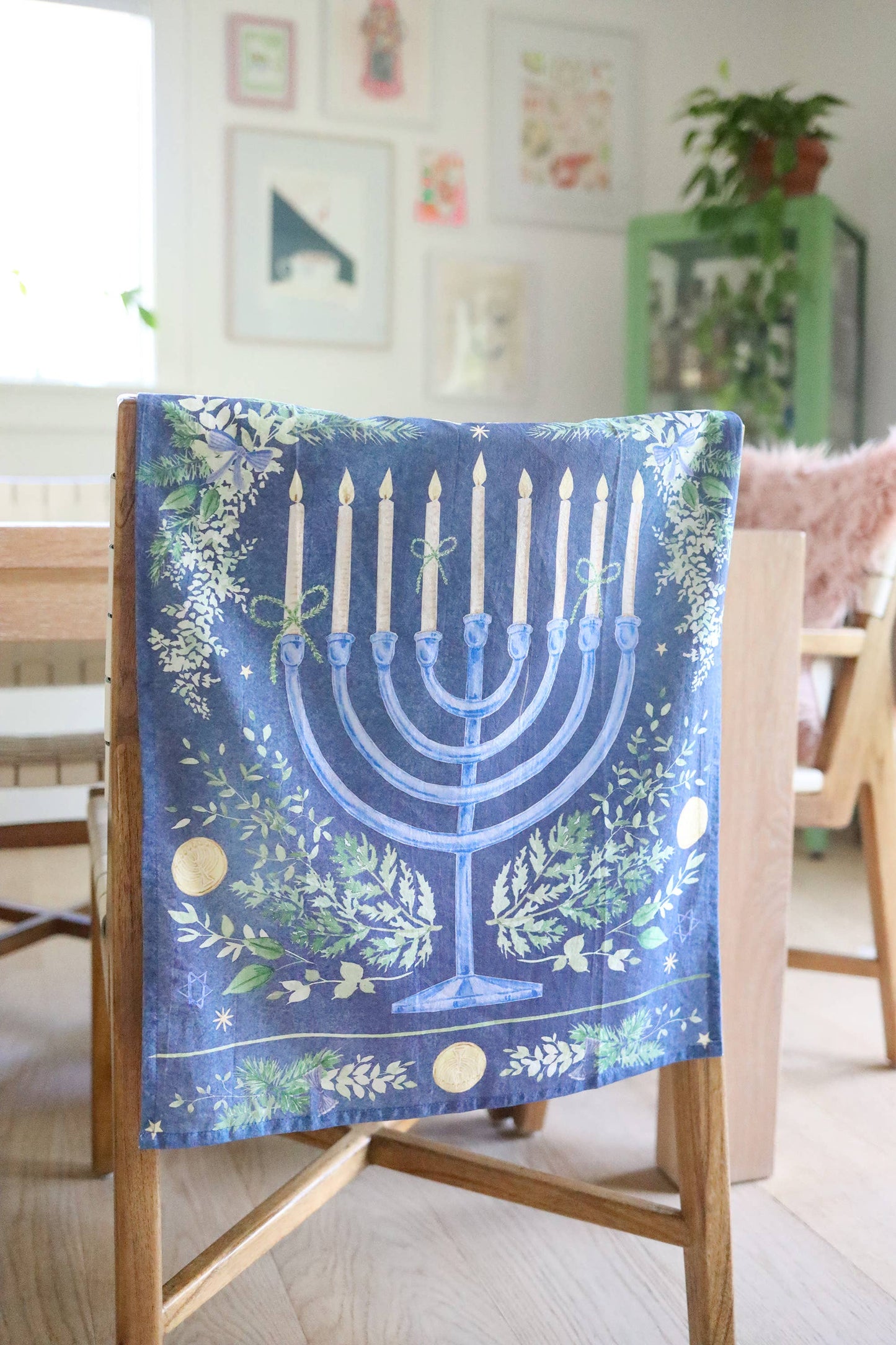 Blue Menorah cotton tea towel