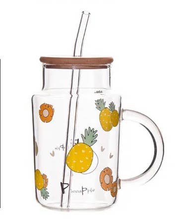 Glass Mug w/ painted fruit (bamboo lid & straw) 16oz